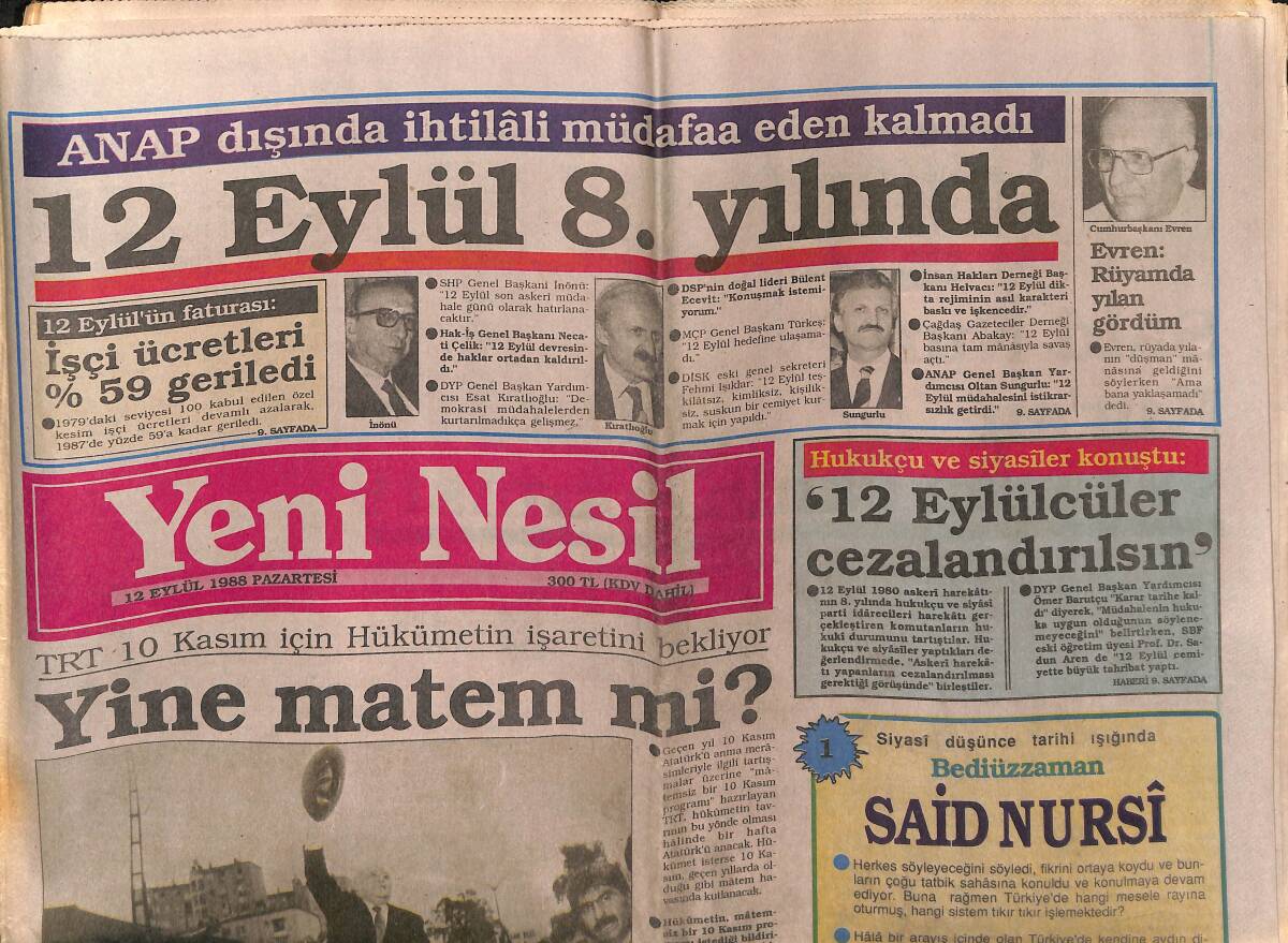 Yeni Nesil Gazetesi 12 Eylül 1988 - Gıdada Büyük Aldatma - Enflasyon TL'yi Kemiriyor GZ152701 - 1
