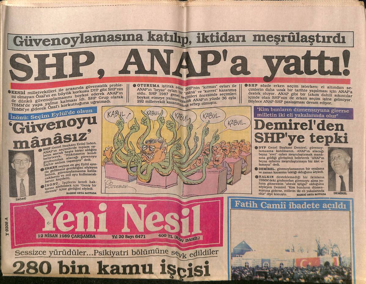 Yeni Nesil Gazetesi 12 Nisan 1989 - SHP , ANAP'a Yattı - Laiklik Toplantısında Dindarlara Saldırıldı GZ152704 - 1
