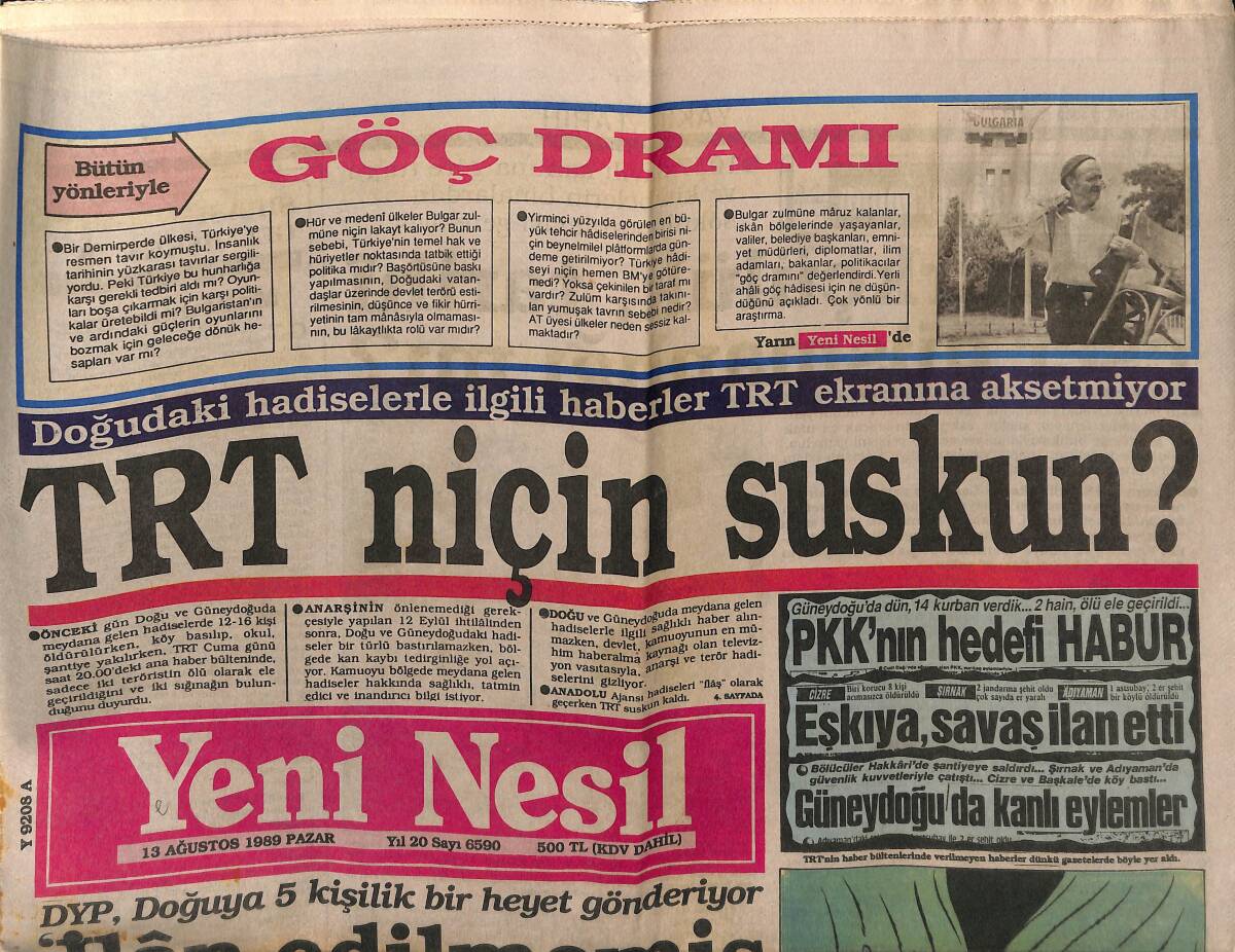 Yeni Nesil Gazetesi 13 Ağustos 1989 - TRT Niçin Suskun ? - ANAP'ın Güz Planı GZ153235 - 1
