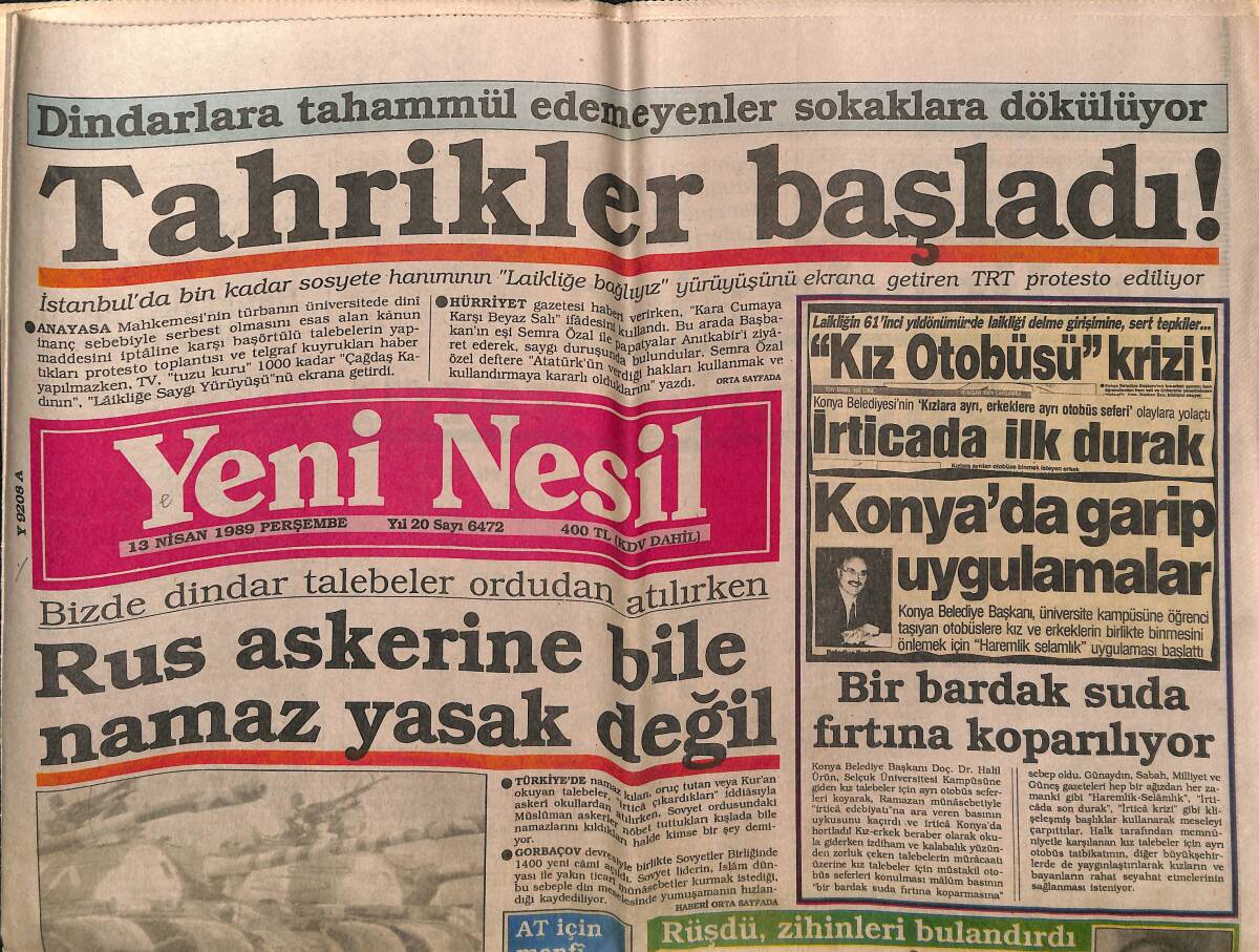 Yeni Nesil Gazetesi 13 Nisan 1989 - Rus Askerine Bile Namaz Yasak Değil - ABD Elçisi Demirel Ve İnönü'ye Veda Etti GZ152703 - 1