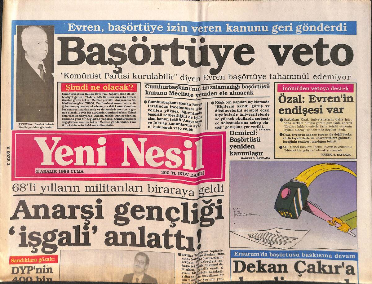 Yeni Nesil Gazetesi 2 Aralık 1988 - Tütüncüye Darbe - 1968'li Yılların Militanları Bir araya Geldi - Başörtüye Veto GZ153353 - 1