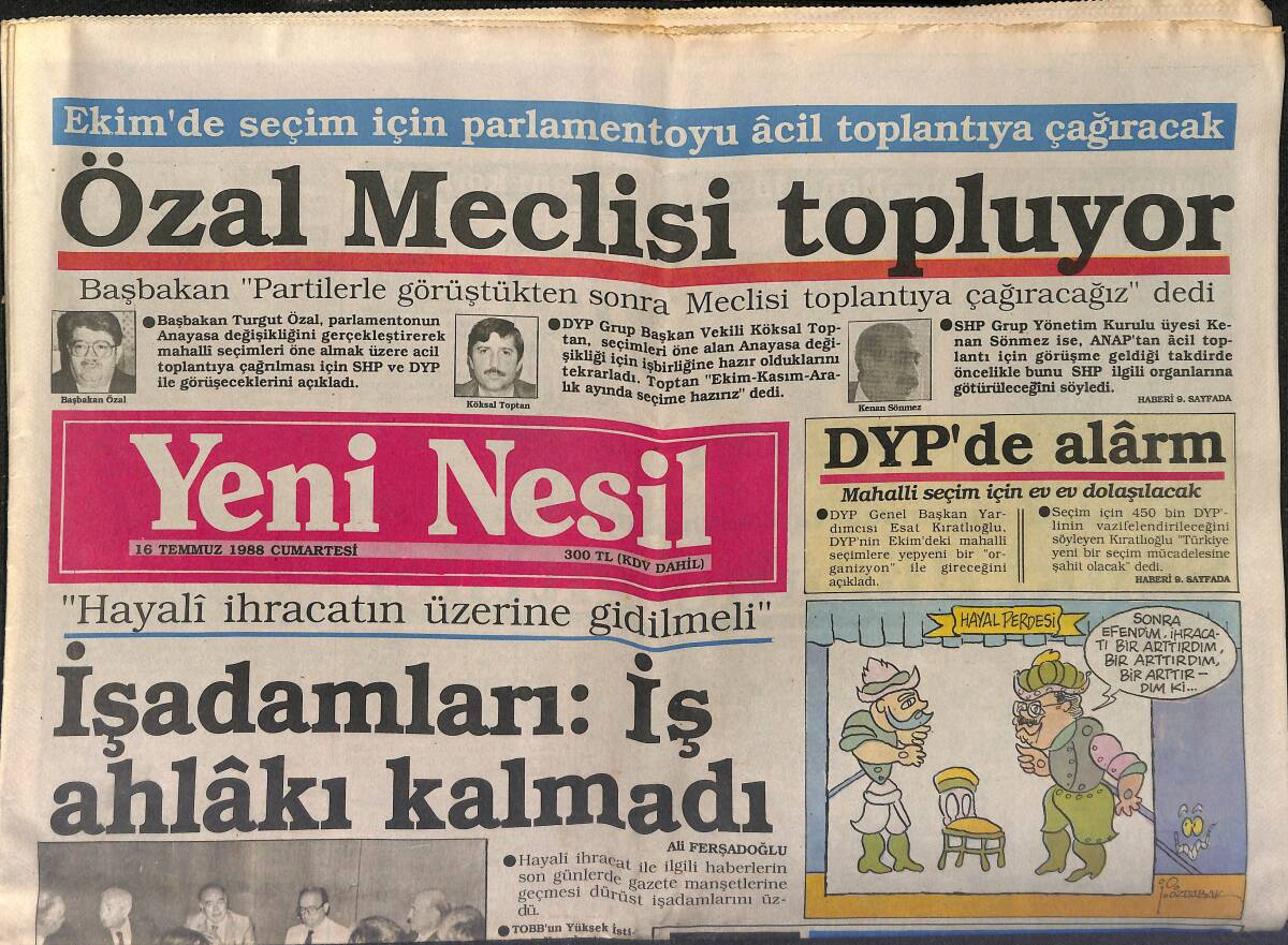 Yeni Nesil Gazetesi 16 Temmuz 1988 - Taşıt Vergisi Karmakarışık - Kâbe Örtüsü Bir Yılda Yapılıyor GZ151681 - 1