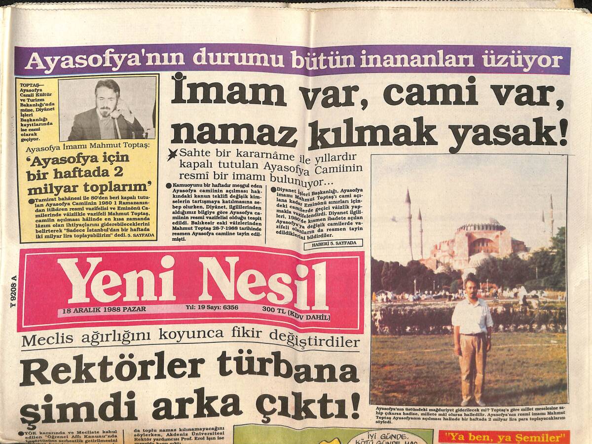 Yeni Nesil Gazetesi 18 Aralık 1988 - Papandreu'ya Baskı - Ayasofya'nın Durumu Bütün İnananları Üzüyor GZ152295 - 1