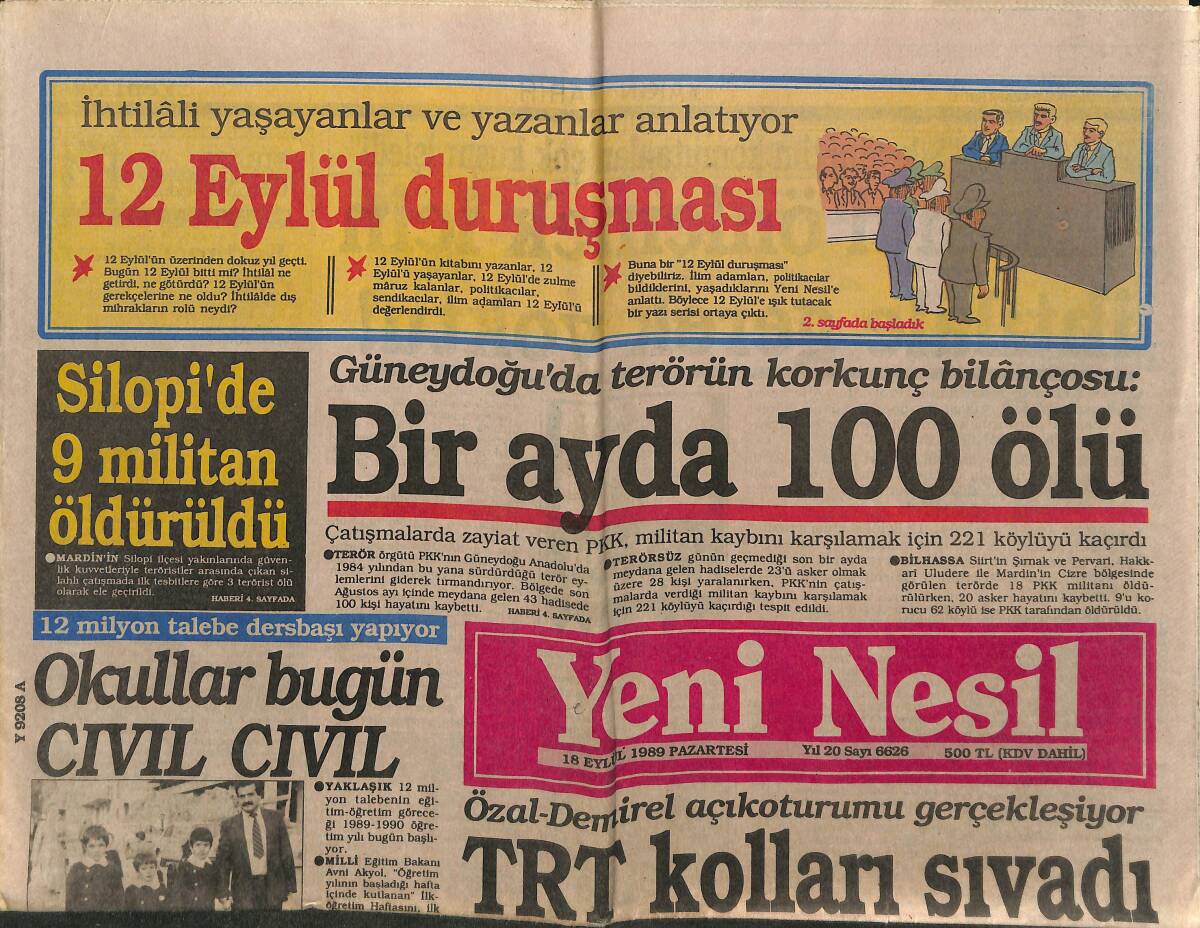Yeni Nesil Gazetesi 18 Eylül 1989 - Silopi'de 9 Militan Öldürüldü - TRT Kolları Sıvadı GZ153222 - 1