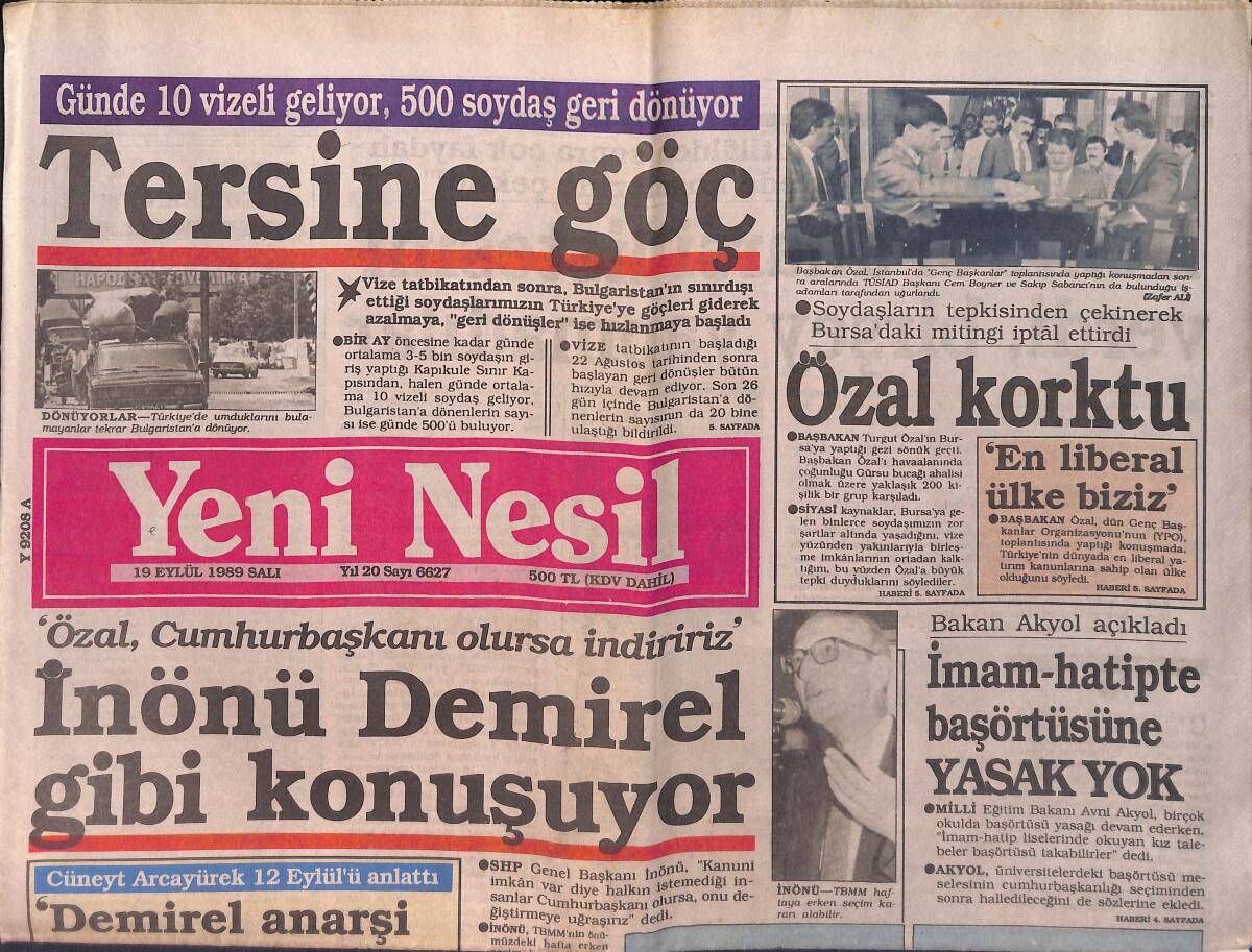 Yeni Nesil Gazetesi 19 Eylül 1989 - Bakan Akyol 