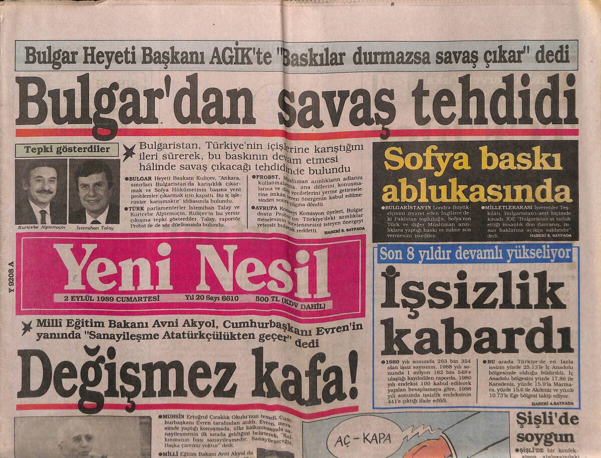 Yeni Nesil Gazetesi 2 Eylül 1989 - Bulgar'dan Savaş Tehdidi - Doğu'da Su Çilesi GZ152500 - 1
