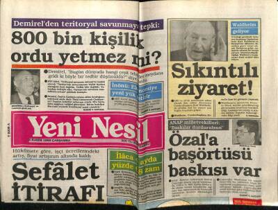 Yeni Nesil Gazetesi 2 Kasım 1988 - Özala Başörtüsü Baskısı Var GZ61467 - 2