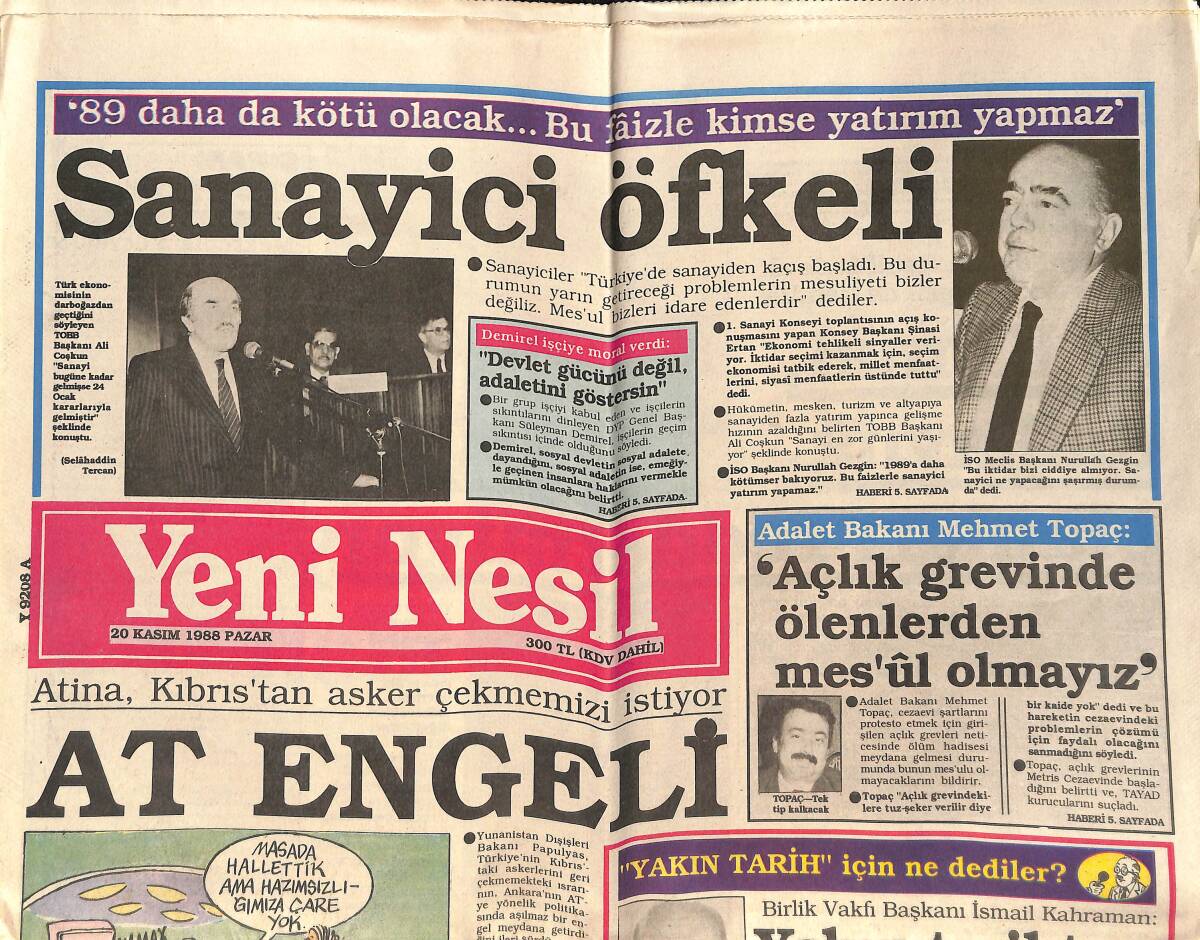 Yeni Nesil Gazetesi 20 Kasım 1988 - UEFA'ya Lanet - Güney Sınırlarda Mayın Kalkıyor GZ152024 - 1