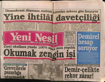 Yeni Nesil Gazetesi 21 Ağustos 1989 - Askere Göz Kırpılıyor,Yine İhtilal Davetçiliği GZ55672 - 1