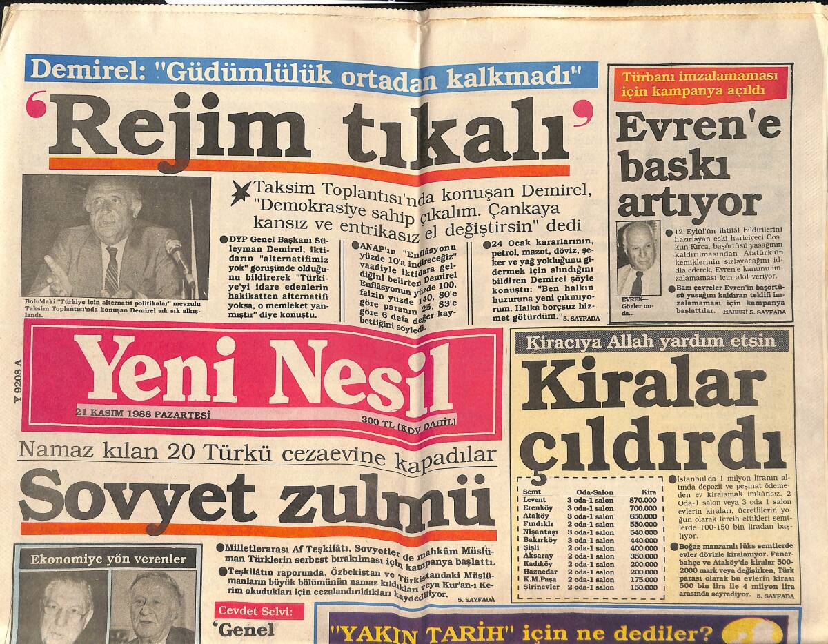 Yeni Nesil Gazetesi 21 Kasım 1988 - Kıbrıs İçin Yeni Raund - Mısır Filistin'i Tanıdı GZ152025 - 1