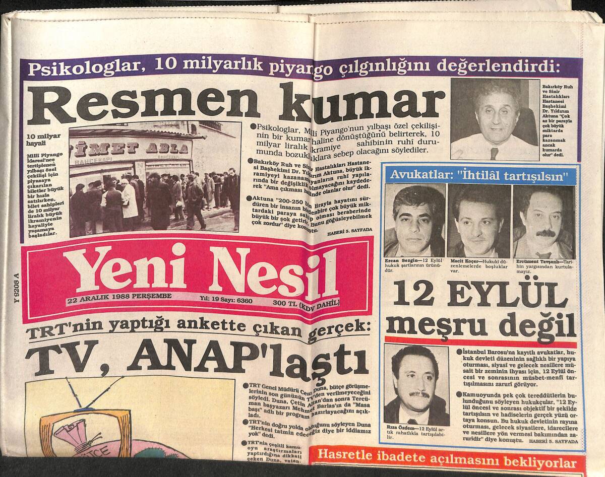 Yeni Nesil Gazetesi 22 Aralık 1988 - TV , ANAP'laştı - Vatandaş Ayasofya'yı Cami Olarak Biliyor ! GZ152036 - 1