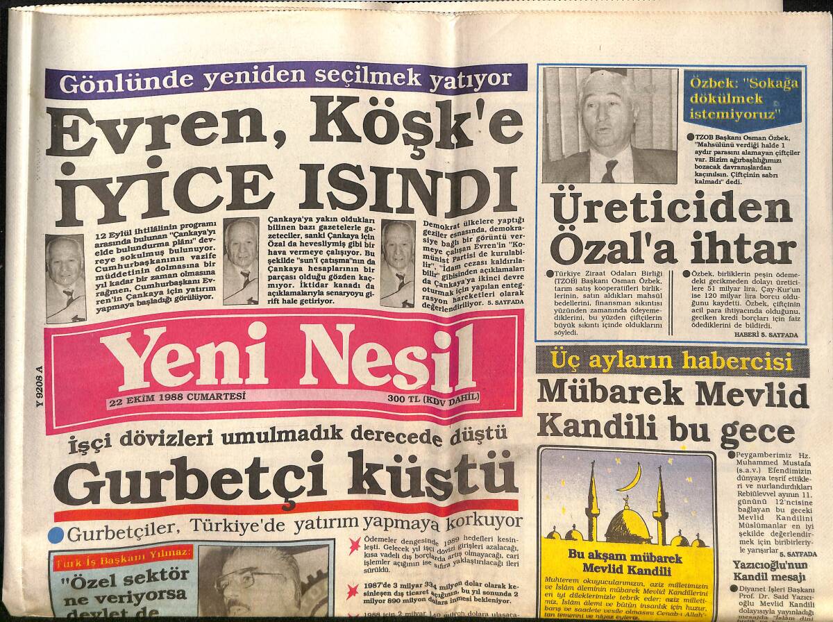Yeni Nesil Gazetesi 22 Ekim 1988 - Üreticiden Özal'a İhtar - Merkez Bankasının Hesapları Altüst Oldu GZ152028 - 1
