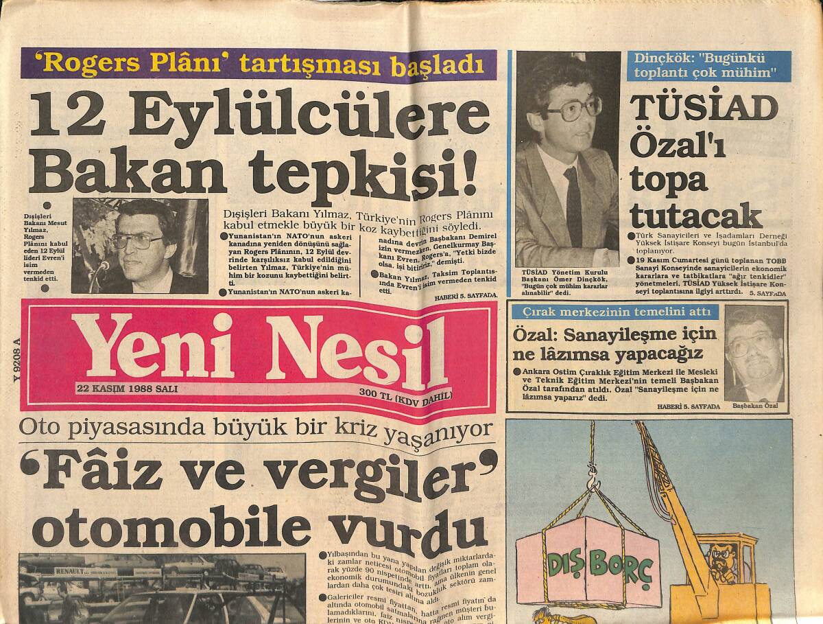 Yeni Nesil Gazetesi 22 Kasım 1988 - Tusiad Özal'ı Topa Tutacak - Guraba Hastanesi Üniversite Oluyor GZ152026 - 1