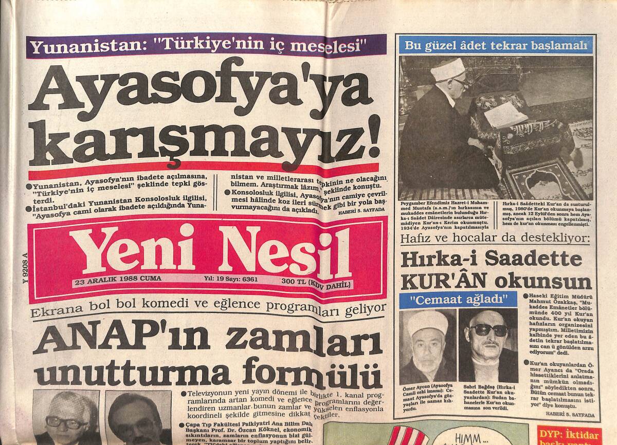 Yeni Nesil Gazetesi 23 Aralık 1988 - ANAP'ın Son Zamları Unutturma Formülü - YÖK Türbanı Müdafa Etti GZ152037 - 1