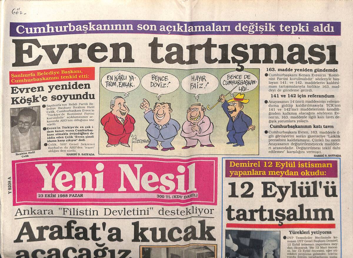 Yeni Nesil Gazetesi 23 Ekim 1988 - Evren Tartışması - Yurtdışındaki Tarihi Eserleri Getiriyoruz GZ152712 - 1