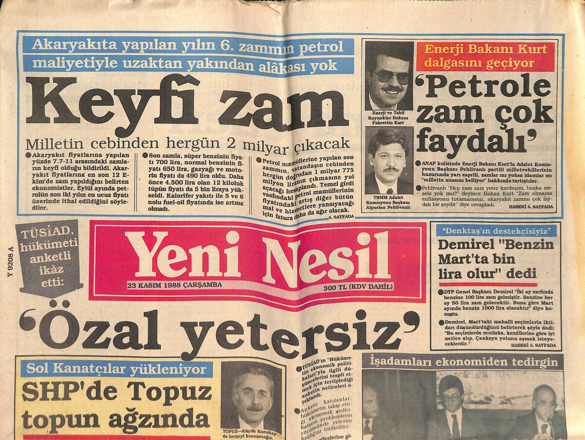 Yeni Nesil Gazetesi 23 Kasım 1988 - İran'dan Küstahlık - Özal'a Naim Süleymanoğlu Kazığı GZ152027 - 1