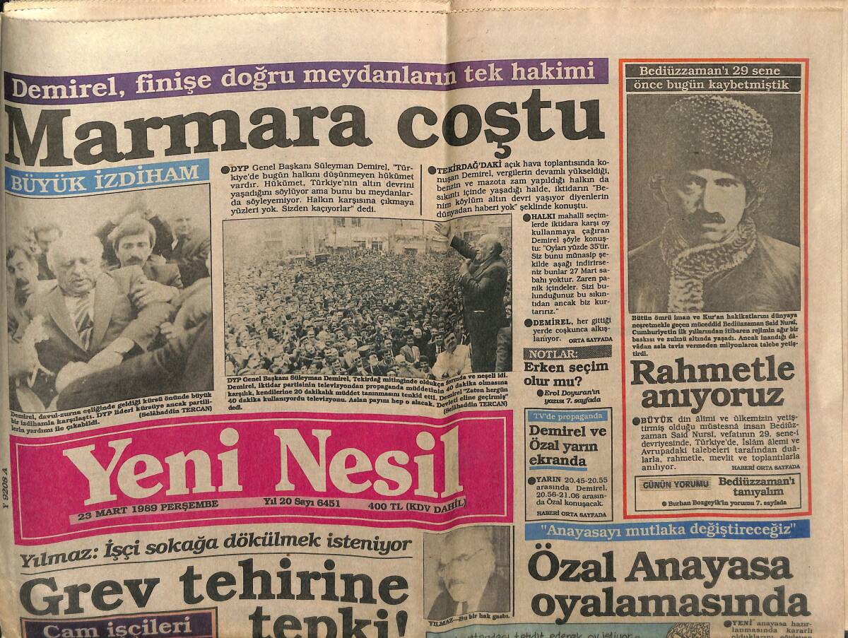 Yeni Nesil Gazetesi 23 Mart 1989 - Özal Anayasa Oyalamasında - Marmara Coştu GZ153233 - 1