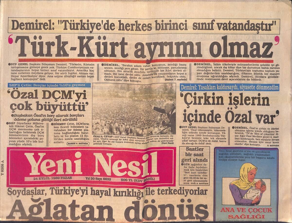 Yeni Nesil Gazetesi 24 Eylül 1989 - Demirel 