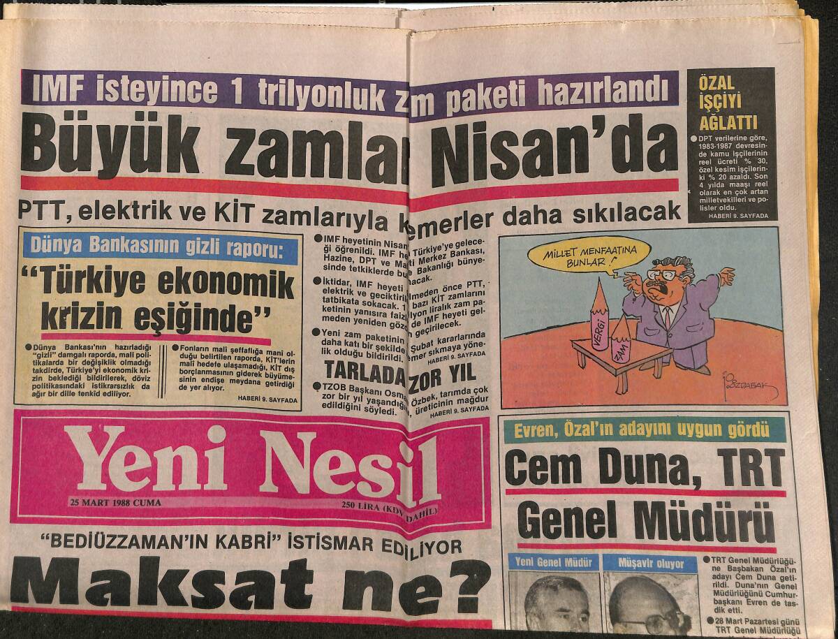 Yeni Nesil Gazetesi 25 Mart 1988 - Cem Duna , TRT Genel Müdürü - THY'ye Büyük Ceza ! GZ152727 - 1