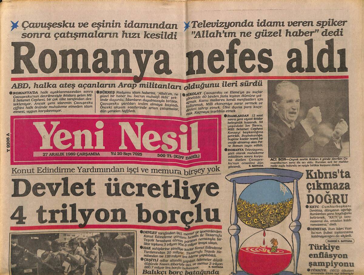 Yeni Nesil Gazetesi 27 Aralık 1989 - Kıbrıs'ta Çıkmaza Doğru - Romanya Nefes Aldı - Vatikan , Noriega'yı ABD'ye Teslim Etmedi GZ153216 - 1