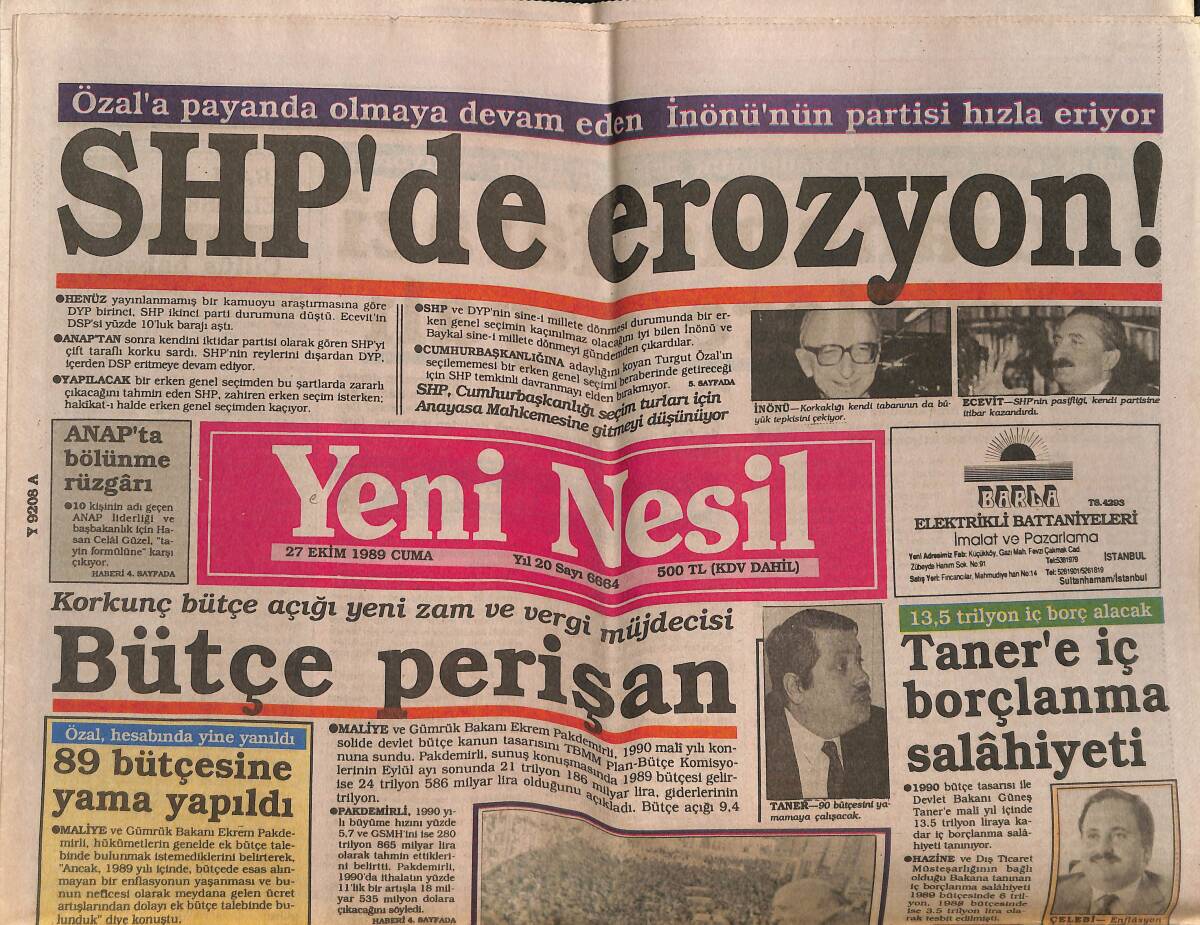 Yeni Nesil Gazetesi 27 Ekim 1989 - SHP'de Erozyon ! - Atatürkçülüğe İlgi Kalmadı GZ152020 - 1