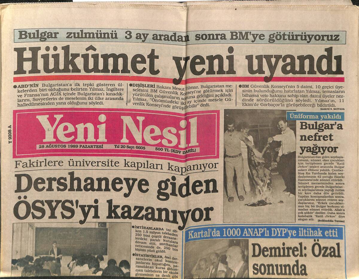 Yeni Nesil Gazetesi 28 Ağustos 1989 - DYP'nin Hızlı Atağı - Hükümet Yeni Uyandı GZ153220 - 1