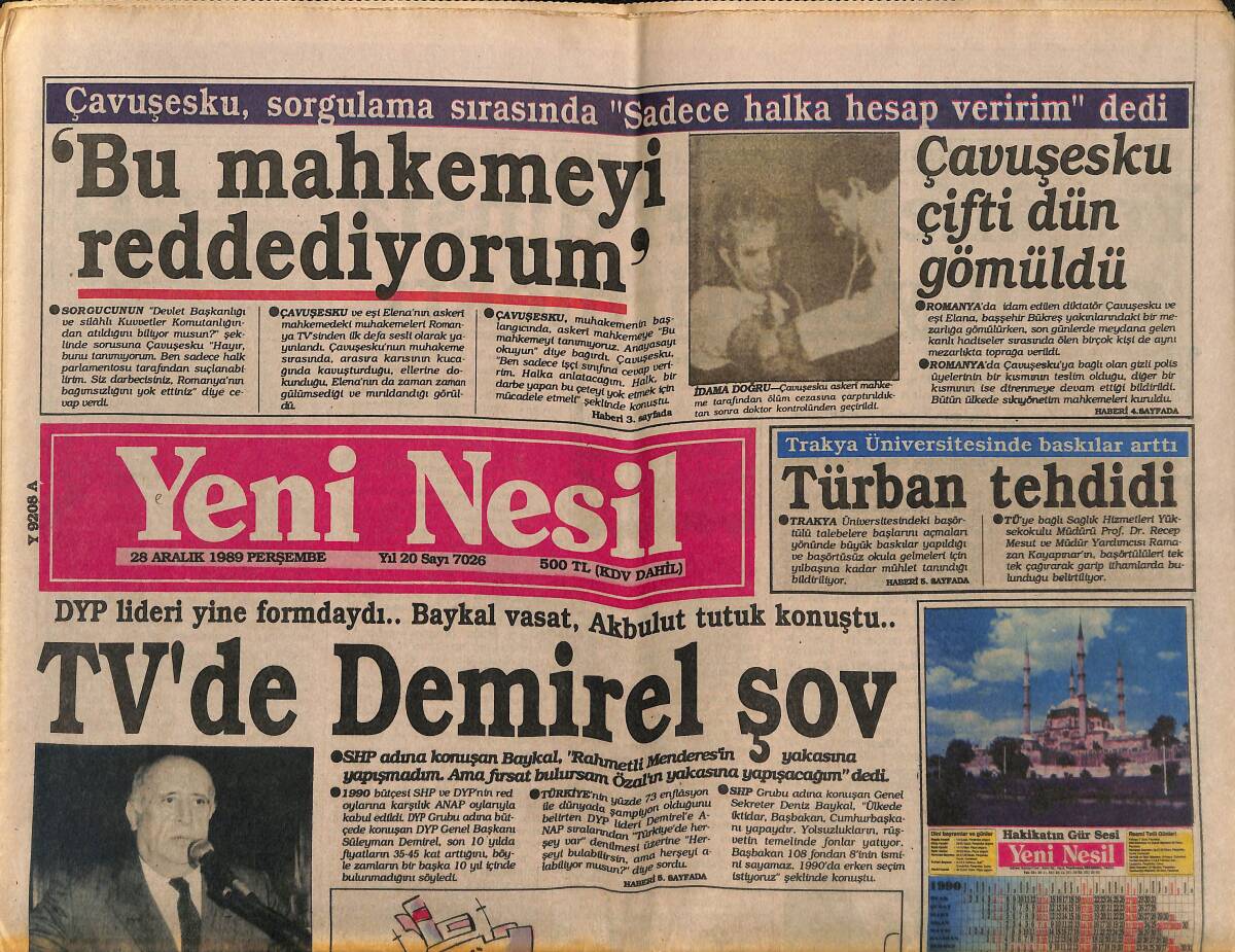 Yeni Nesil Gazetesi 28 Aralık 1989 - TV'de Demirel Şov - TİSK Başkanı Şimdiden İşçi Düşmanı Kesildi GZ153217 - 1