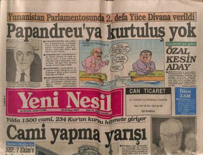 Yeni Nesil Gazetesi 29 Eylül 1989 - Papandreuya Kurtuluş Yok GZ80780 - 1