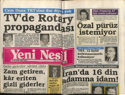 Yeni Nesil Gazetesi 29 Kasım 1988 - İranda 16 Din Adamına İdam GZ61477 - 2