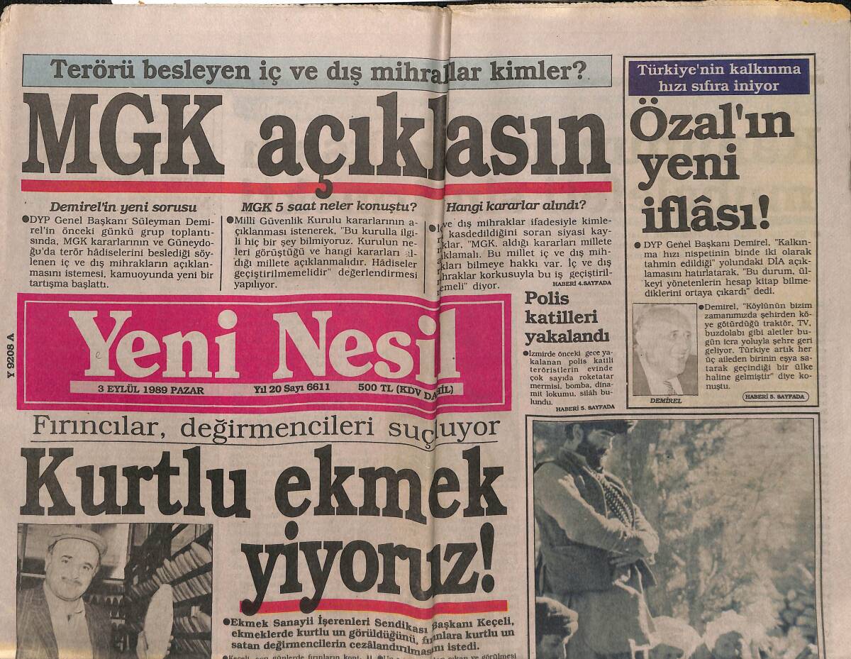 Yeni Nesil Gazetesi 3 Eylül 1989 - Özal'ın Yeni İflâsı - Batı Trakya'da Türklere Tuzak GZ152721 - 1