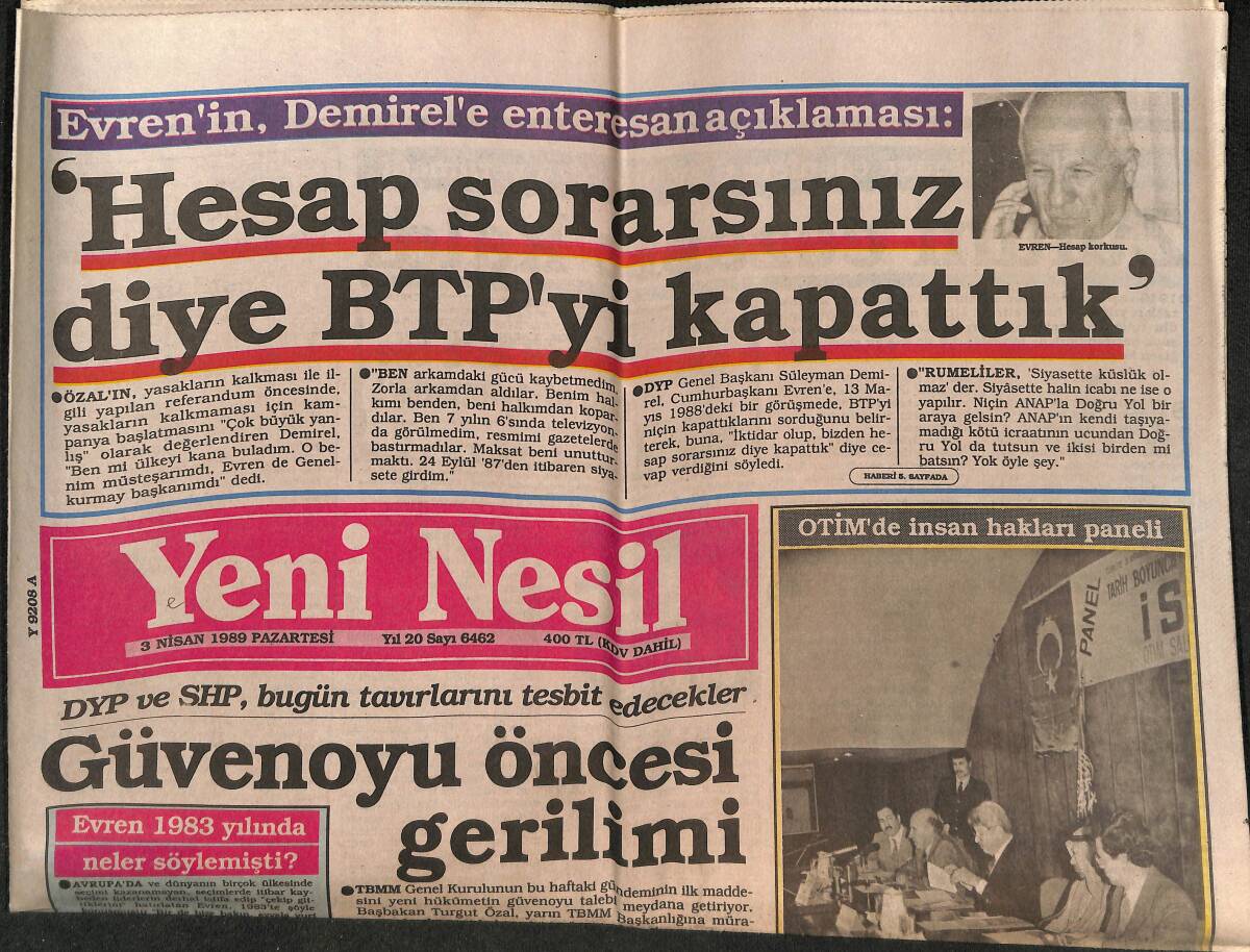 Yeni Nesil Gazetesi 3 Nisan 1989 - ABD'den Evren'e Destek - Evren'in Demirel'e Enteresan Açıklaması GZ147149 - 1