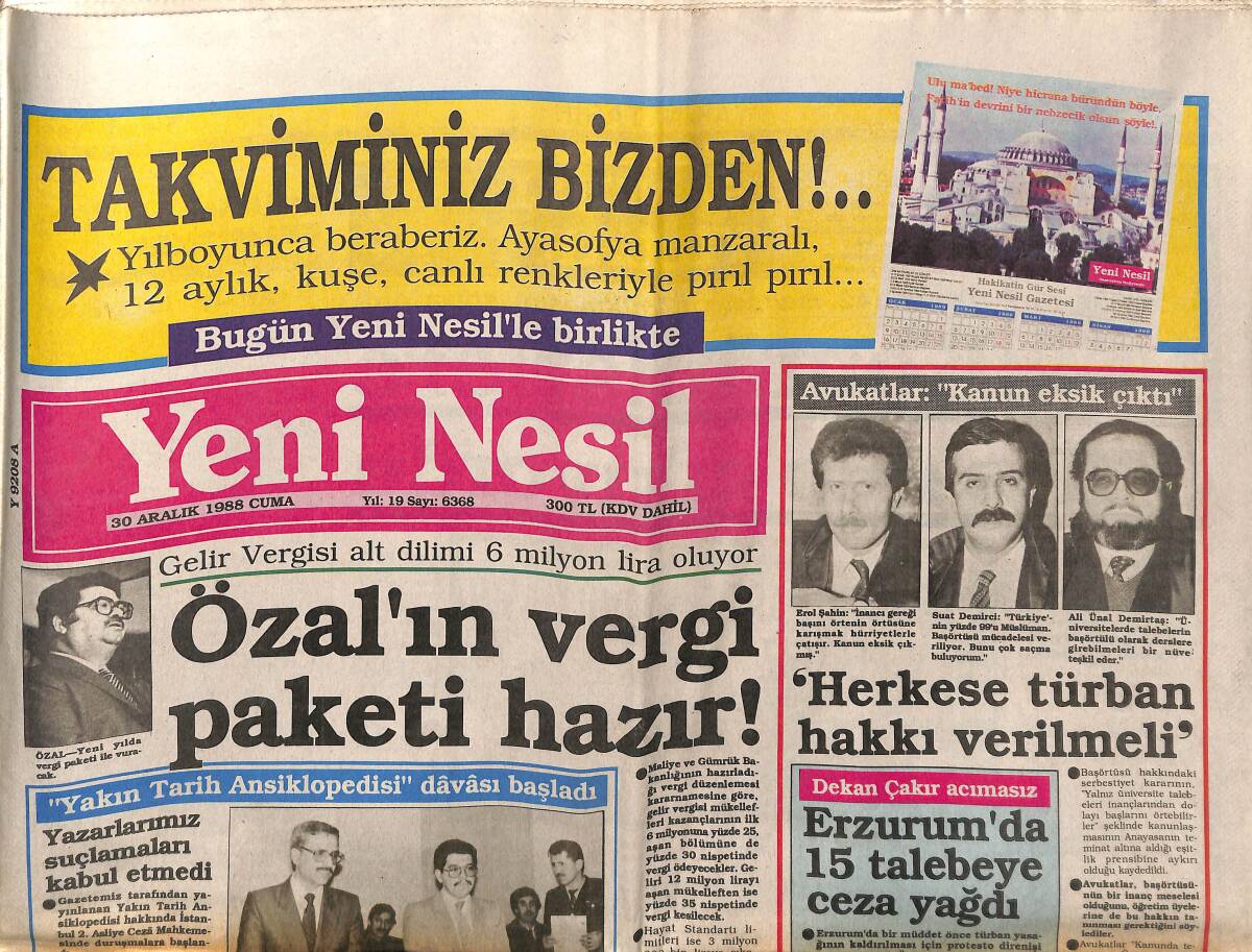 Yeni Nesil Gazetesi 30 Aralık 1988 - Özal'ın Vergi Paketi Hazır ! - Bakan Güzel , Dershaneleri Yine Suçladı GZ152710 - 1