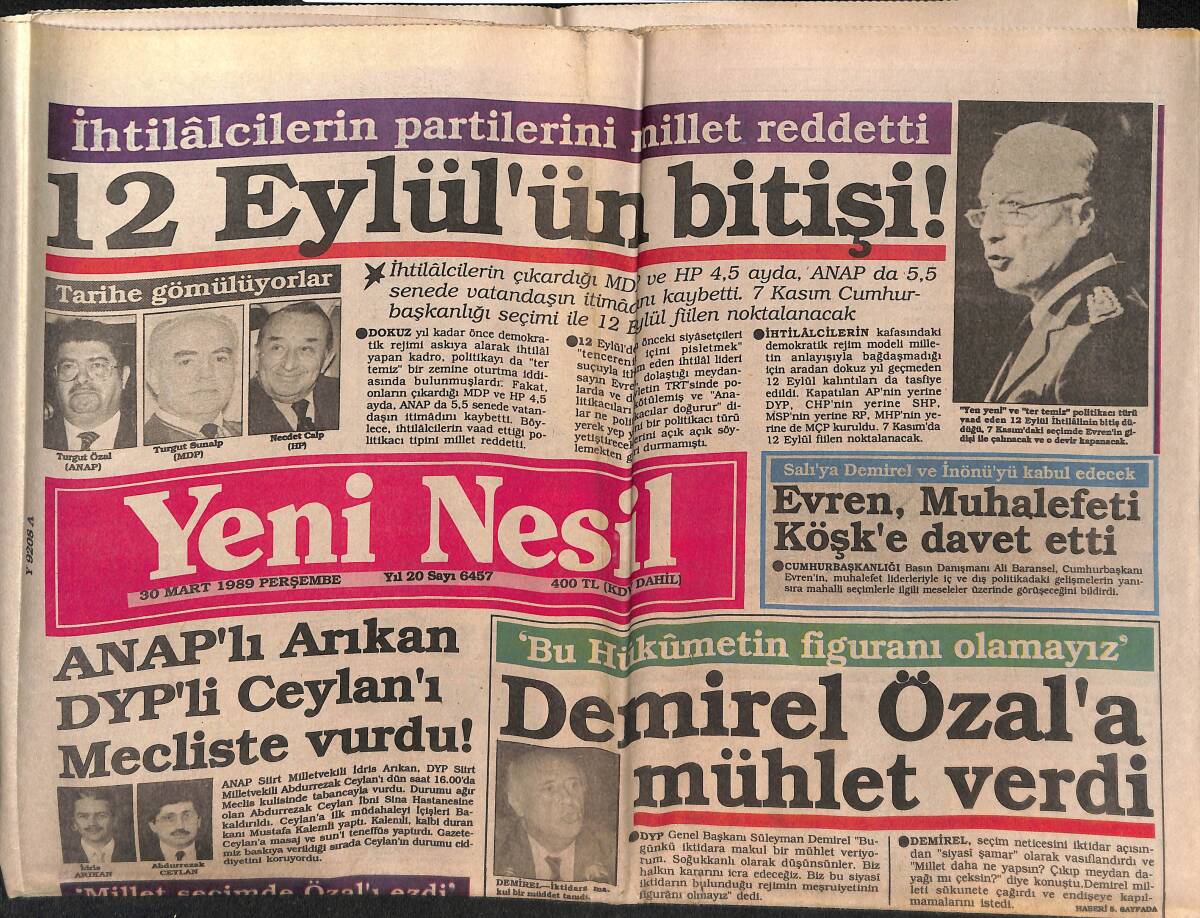 Yeni Nesil Gazetesi 30 Mart 1989 - Demirel Özal'a Mühlet Verdi - 12 Eylül'ün Bitişi GZ152030 - 1