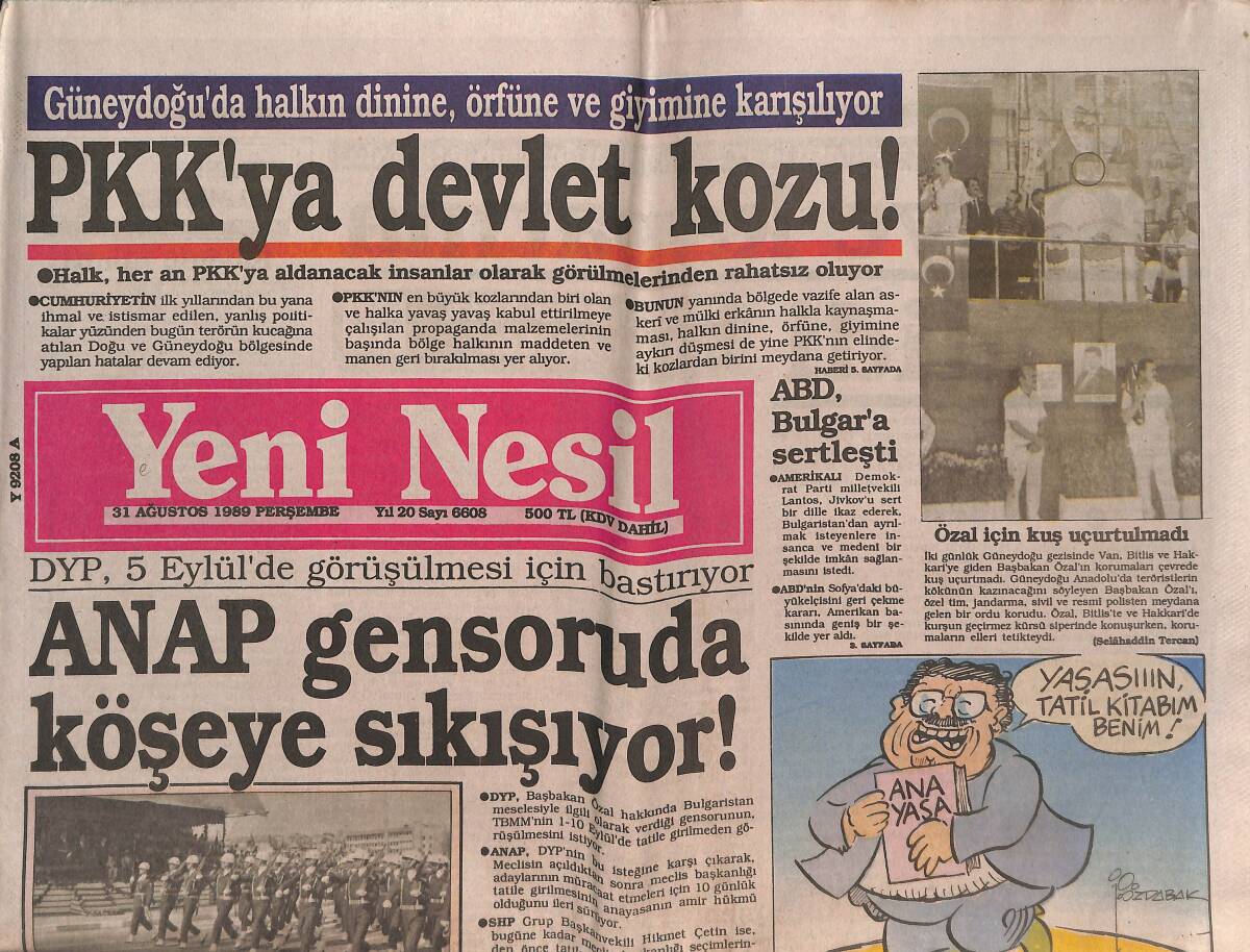 Yeni Nesil Gazetesi 31 Ağustos 1989 - ANAP Gensoruda Köşeye Sıkışıyor - Korucu Cemil Ayda 360 Bin Lira Kazanıyor GZ147155 - 1