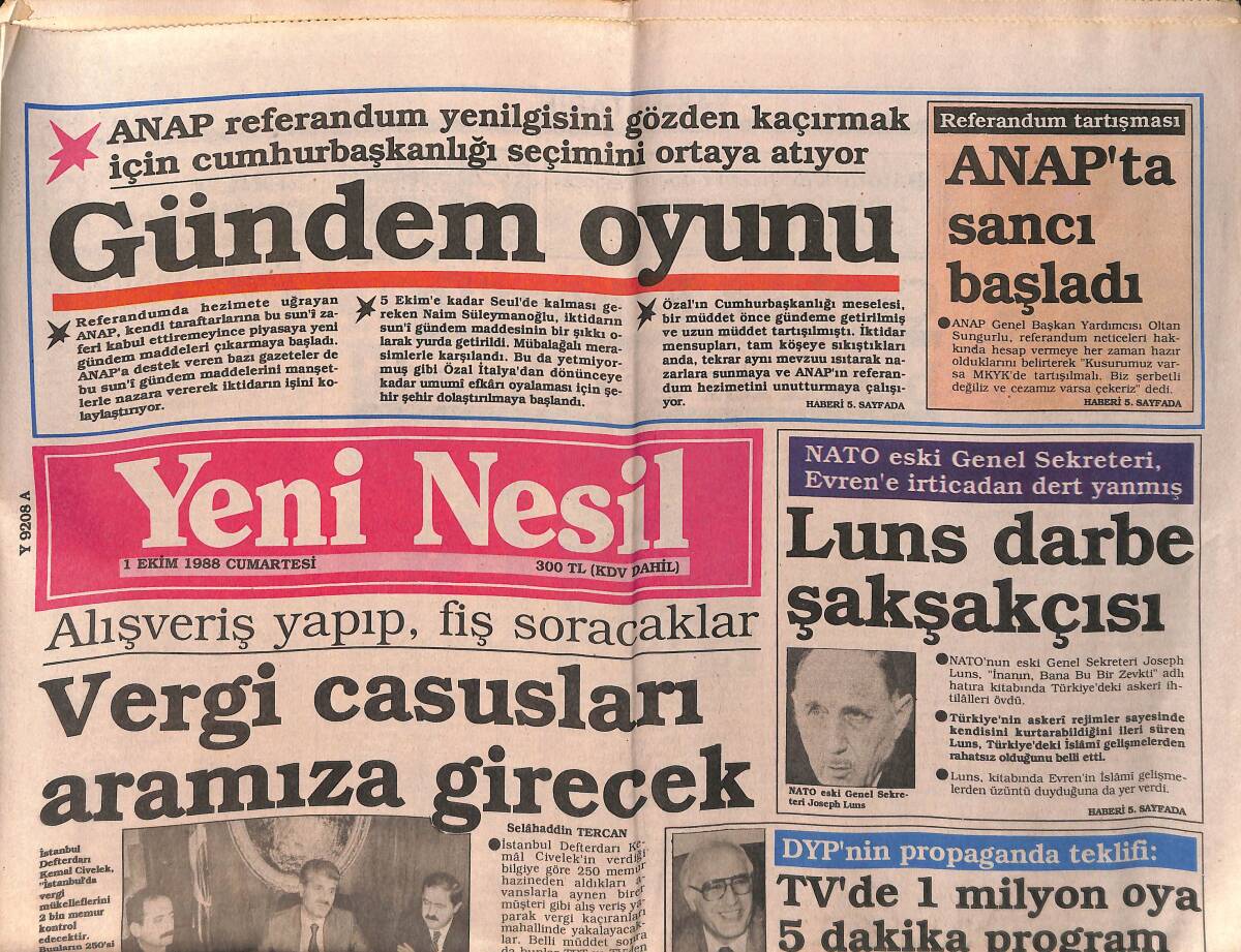 Yeni Nesil Gazetesi 1 Ekim 1988 - Hollanda'da Türk İşçisine Destek Sözü - Anap'ta Sancı Başladı GZ153355 - 1
