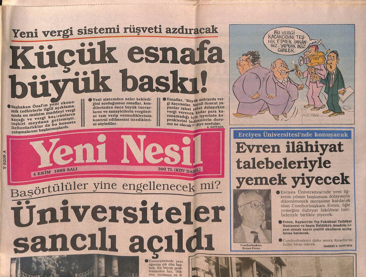 Yeni Nesil Gazetesi 4 Ekim 1988 - Kenan Evren Erciyes Üniversitesinde - Jasef Strauss Öldü - Anap'ta Gergin Günler Başlıyor GZ153354 - 1