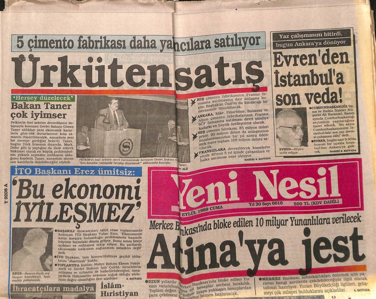 Yeni Nesil Gazetesi 8 Eylül 1989 - Evren'den İstanbul'a Son Veda - Migros'da Grev GZ152497 - 1