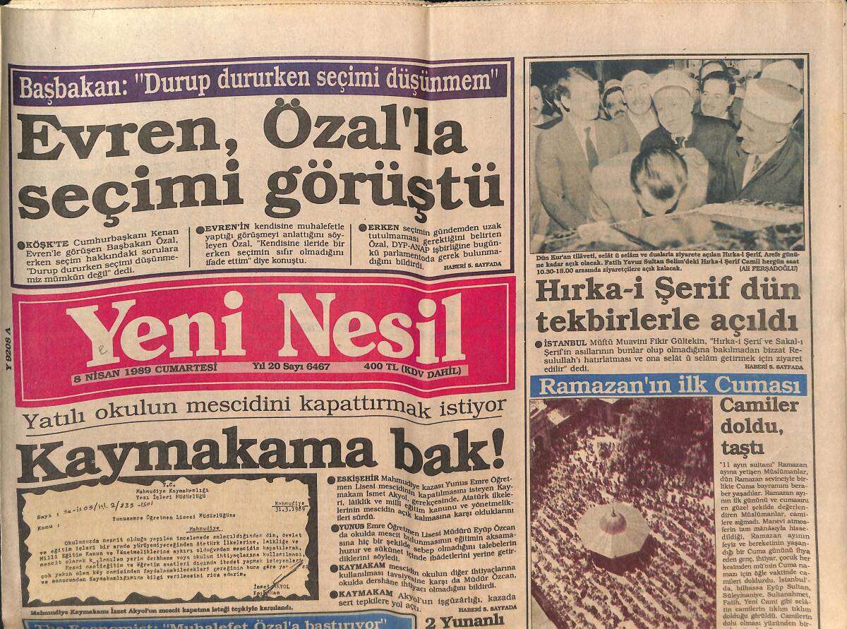 Yeni Nesil Gazetesi 8 Nisan 1989 - Domates Tarlada 2 Bin Lira Oldu - Evren Özal'la Seçimi Görüştü GZ147154 - 1