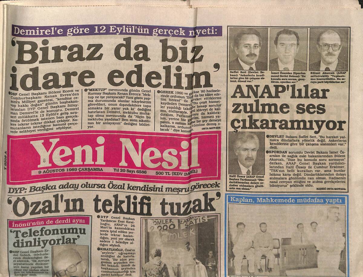 Yeni Nesil Gazetesi 9 Ağustos 1989 - ANAP'lılar Zulme Ses Çıkaramıyor - Antibiyotik Çılgınlığı GZ153221 - 1
