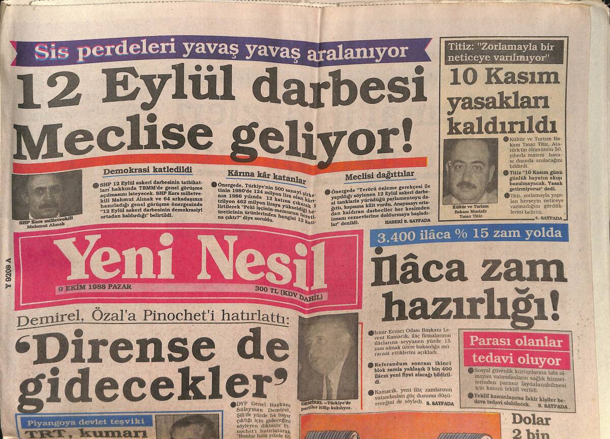 Yeni Nesil Gazetesi 9 Ekim 1988 - Lionslardan Dalan'a Şilt - Karadeniz'de Kalkan Pazarlığı GZ152010 - 1