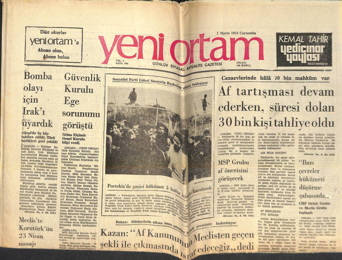 Yeni Ortam Gazetesi 1 Mayıs 1974 - Portekiz'de Geçici Hükümet 3 Hafta İçinde Kurulacak - Necmettin Erbakan'ın Gezisi Bugün Sona Eriyor GZ138472 - 1