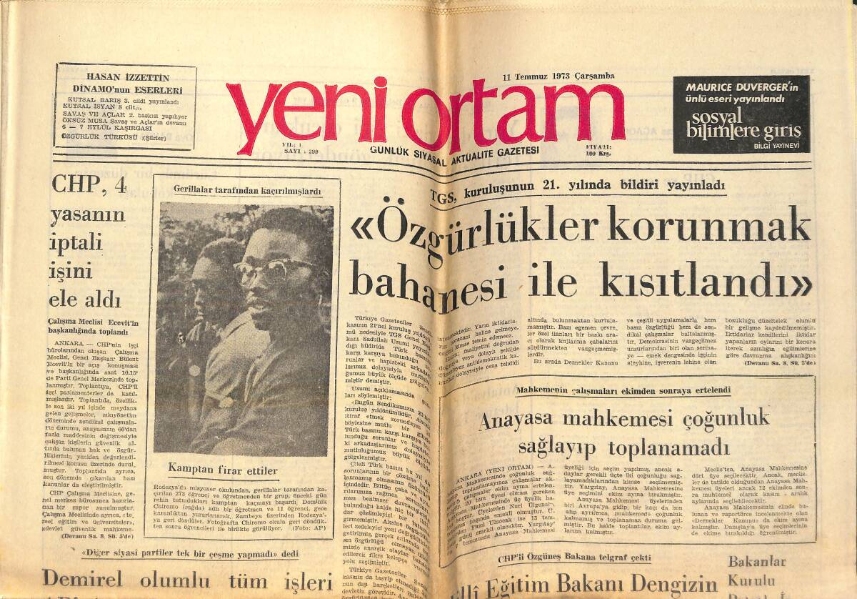 Yeni Ortam Gazetesi 11 Temmuz 1973- Özgürlükler Korunmak Bahanesi İle Kısıtlandı - Kongre ABD'NİN Sovyetlere Buğday Satmasını Kınadı! GZ138470 - 1