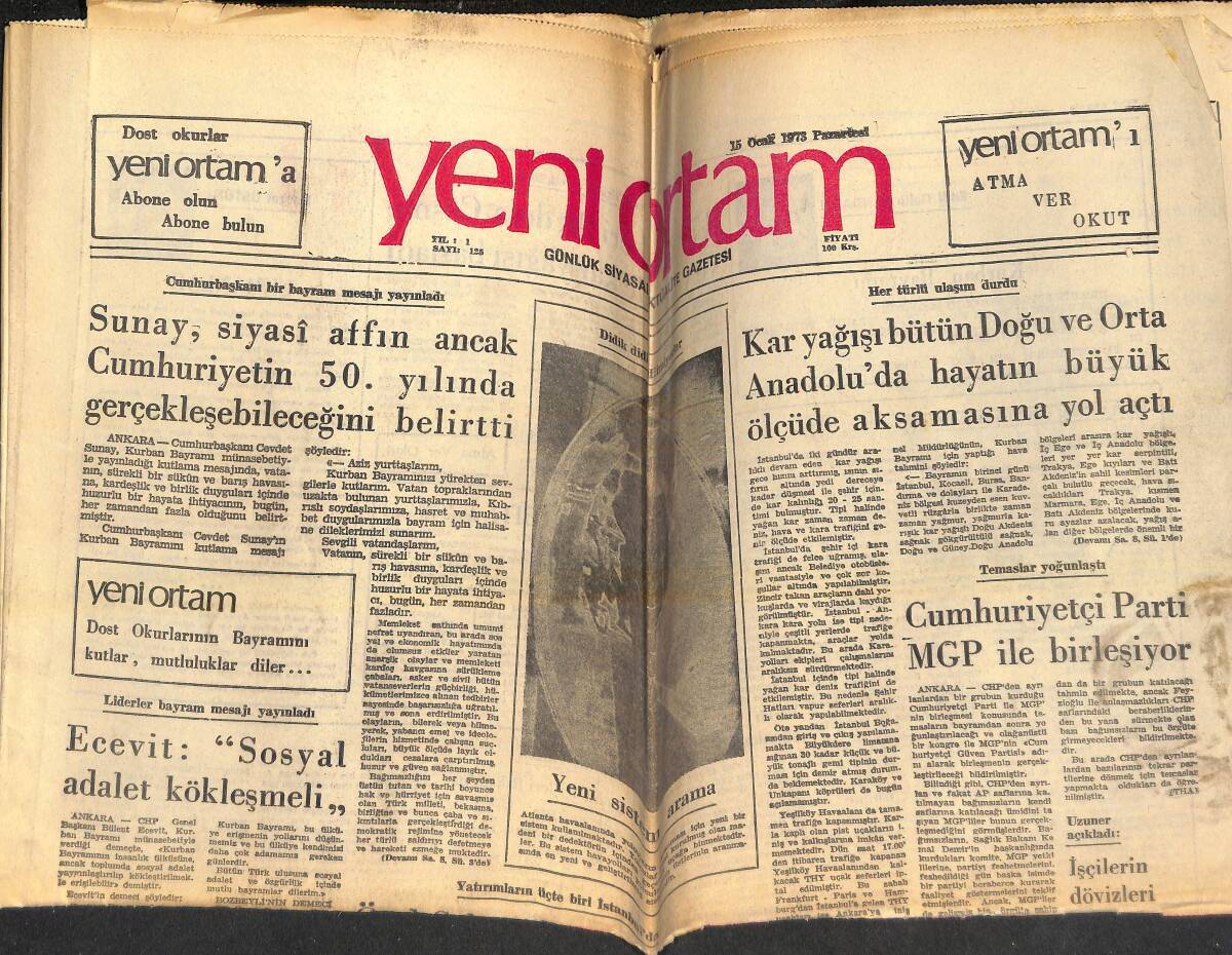 Yeni Ortam Gazetesi 15 Ocak 1973 - Bülent Ecevit: Sosyal Adalet Kökleşmeli - Özel Sektör Doğu Anadolu'ya Yatırım Yapmaktan Kaçınıyor GZ138466 - 1