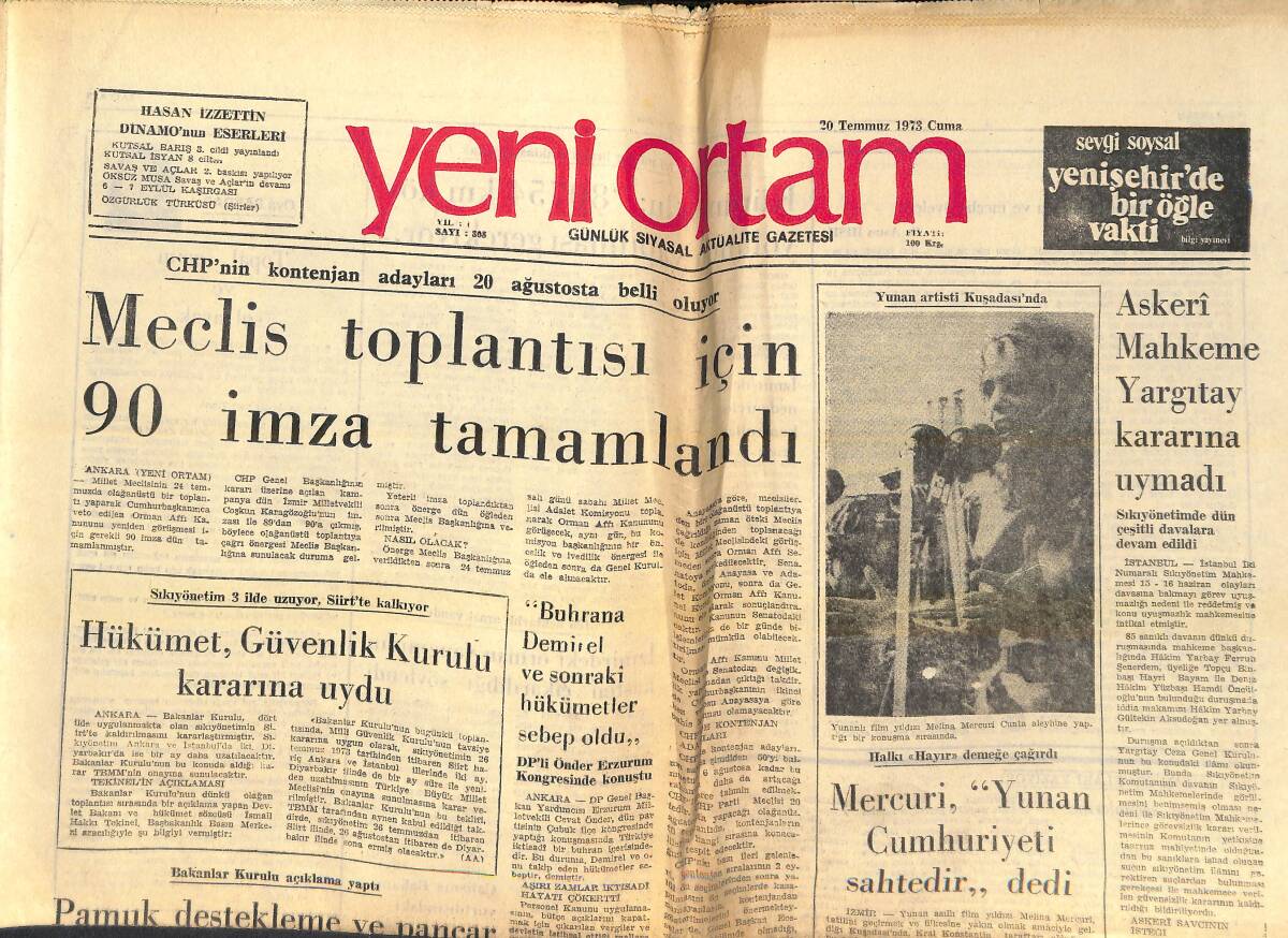 Yeni Ortam Gazetesi 20 Temmuz 1973 - Meclis Toplantısı İçin 90 İmza Tamamlandı - Askeri Mahkeme Yargıtay Kararına Uymadı! GZ138455 - 1