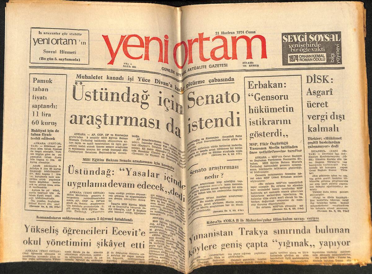 Yeni Ortam Gazetesi 21 Haziran 1974 - Yunanistan Trakya Sınırında Bulunan Köylere Geniş Çapta '' Yığınak '' Yapıyor GZ148815 - 1