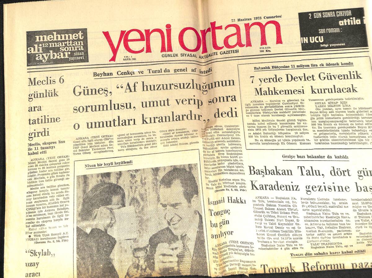 Yeni Ortam Gazetesi 23 Haziran 1973 - Başbakan Naim Talu, Dört Günlük Karadeniz Gezisine Başladı - 7 Yerde Devlet Güvenlik Mahkemesi Kurulacak GZ138489 - 1