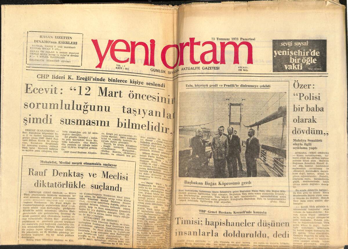Yeni Ortam Gazetesi 23 Temmuz 1973 - Rauf Denktaş Ve Meclisi Dikdatörlükle Suçladı - Hamdi Özer: 'Polisi Bir Baba Olarak Dövdüm' GZ138495 - 1