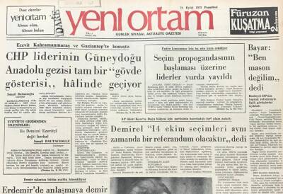 Yeni Ortam Gazetesi 24 Eylül 1973 -Celal Bayar Ben Mason Değilim Dedi GZ39399 - 1