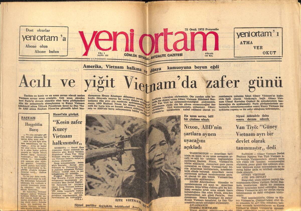 Yeni Ortam Gazetesi 25 Ocak 1973 - Acılı Ve Yiğit Vietnam'da Zafer Günü - Avrupa Konseyinde Türkiye Eleştirildi! GZ138645 - 1