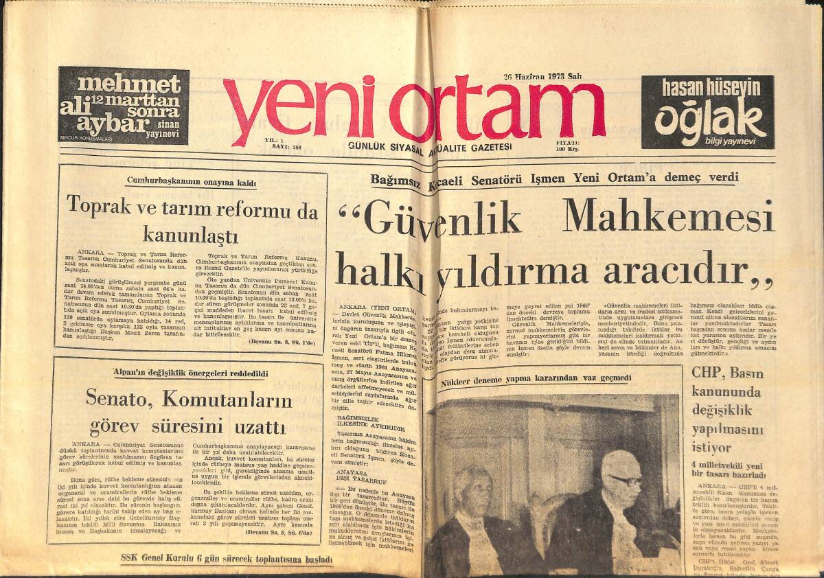 Yeni Ortam Gazetesi 26 Haziran 1973 - Güvenlik Mahkemesi Halkı Yıldırma Aracıdır - Sovyet-ABD Ortak Bildirisi Yayınlandı GZ138467 - 1